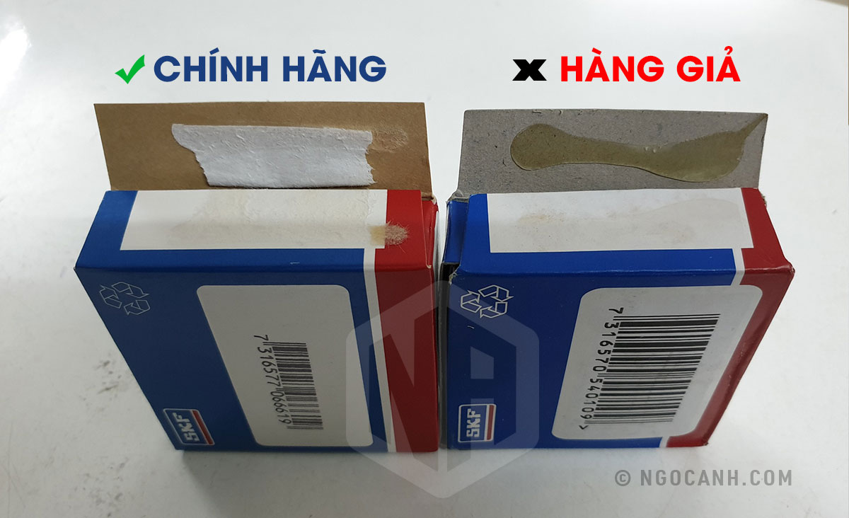 Sự khác nhau về lớp kéo dán khi bóc vỏ hộp giữa Vòng bi SKF chính hãng và vòng bi SKF giả.