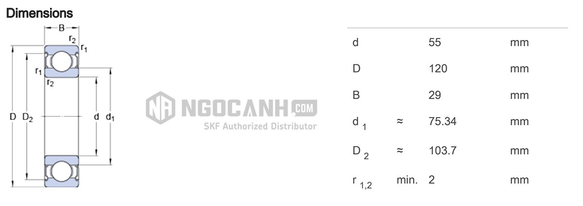 Thông số vòng bi bạc đạn SKF 6311