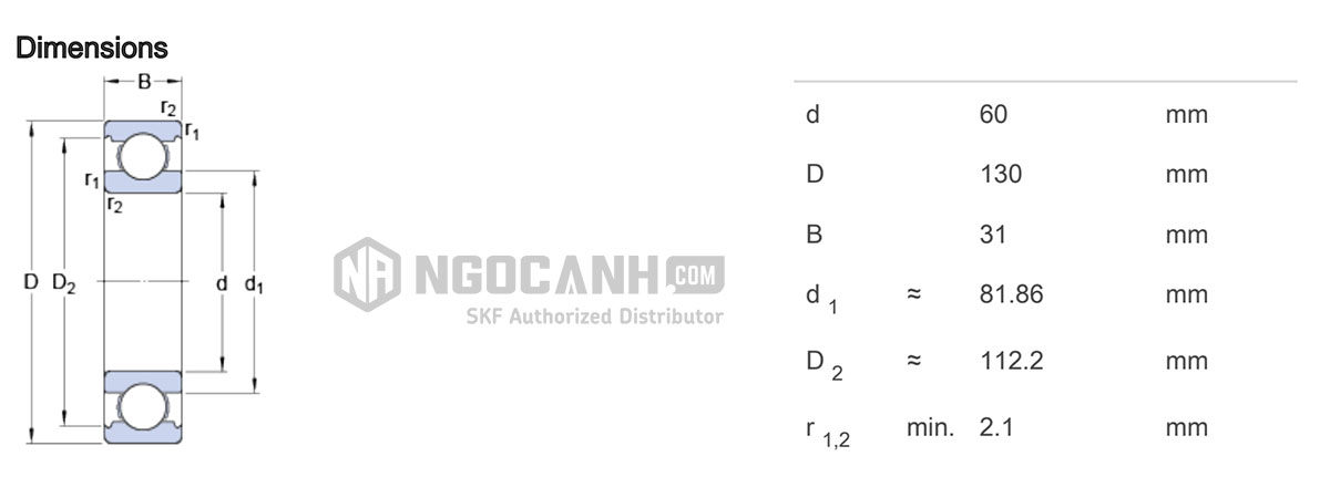 Thông số vòng bi bạc đạn 6312 SKF