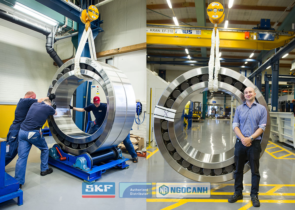 Vòng bi tang trống SKF tổng trọng lượng nặng 7.780 kg. Mỗi con lăn vòng bi nặng 42 kg.